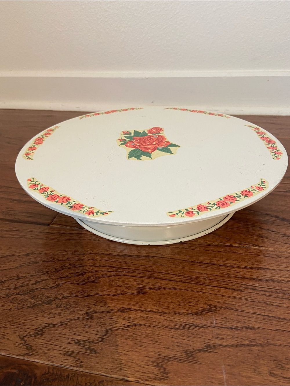 Vintage White Floral Cake Stand Turntable with Rose Motif